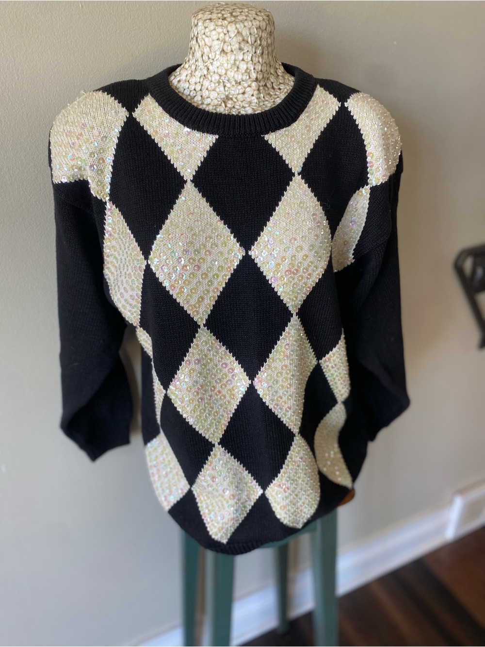Vintage 80s Black and Ivory Argyle Sequin Sweater with shoulder pads